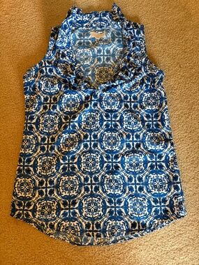 Blue and White Tile Print Satin Top
